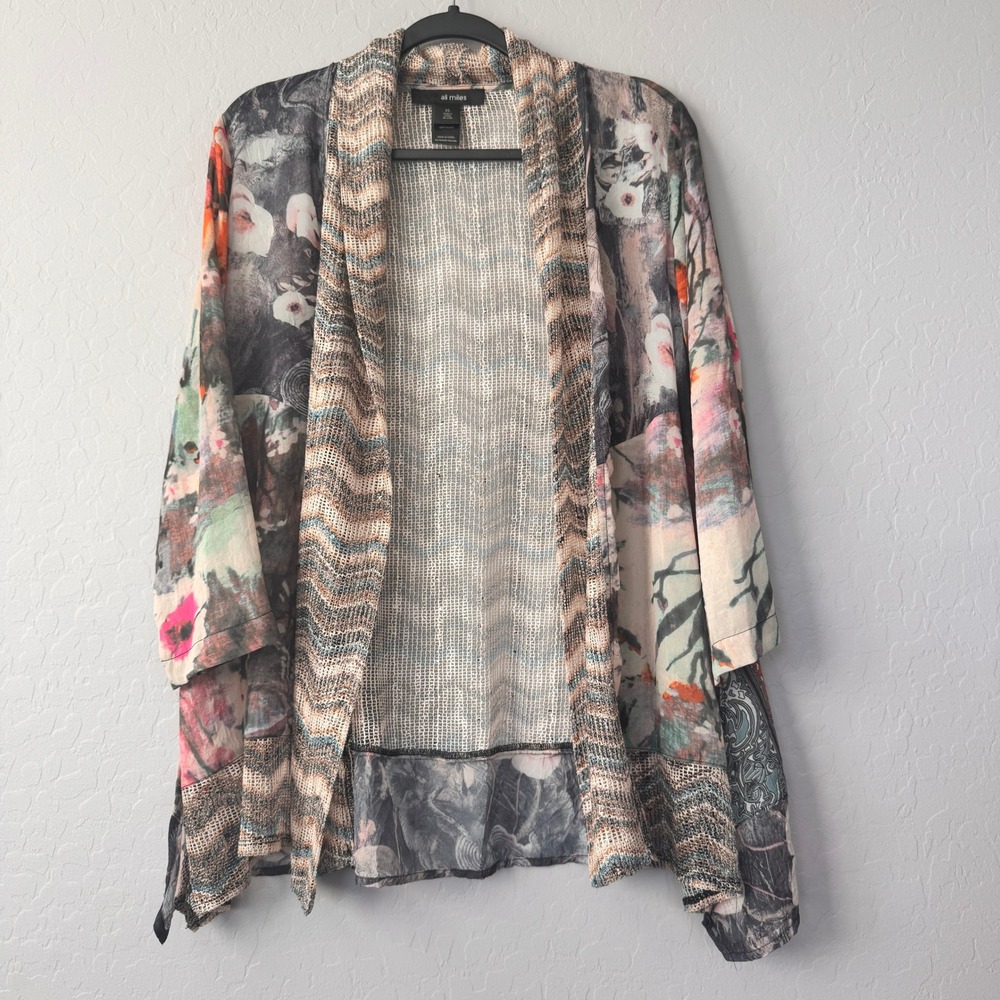 Ali Miles XS Floral Patchwork Kimono Cardigan Open Front Colorful Boho Chic